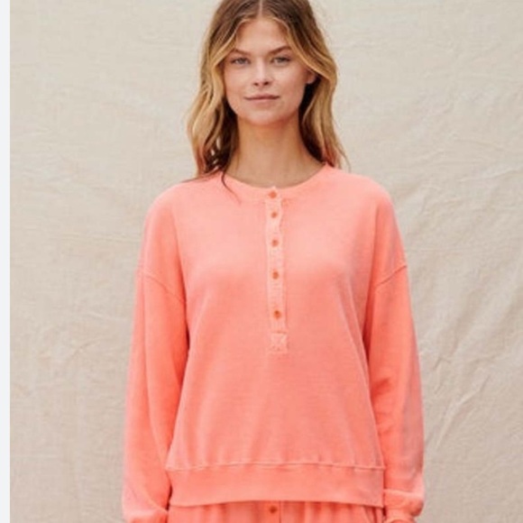 Sundry Thermal Henley in Neon Coral Long Sleeve Relaxed Size 2 Medium Made in US - Picture 1 of 11